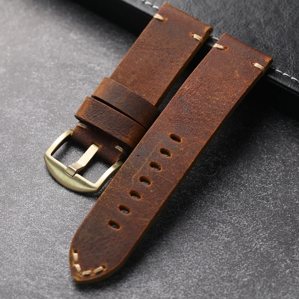 Handmade Vintage Italian Cowhide Strap, 24MM Brown Black Men's Thickened Premium Genuine Leather Strap with Bronze Buckle