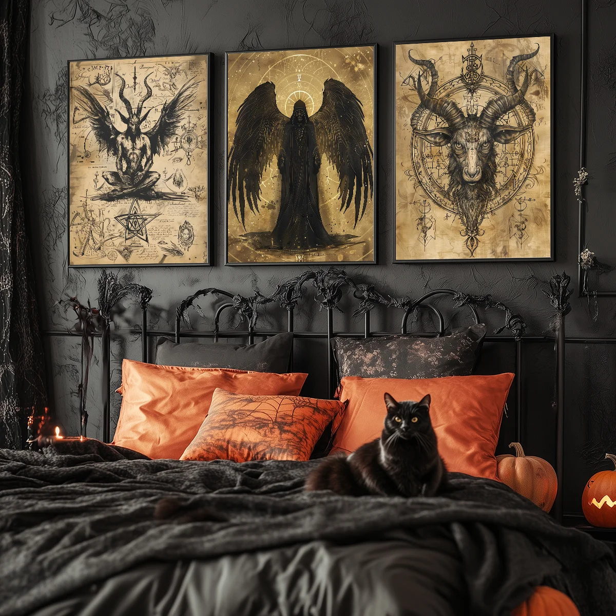FramelessGothic Wall Art - 3pcs/Set Halloween Theme Canvas Posters, Satan, Goat Devil, Demon, Fallen Angel, Vintage Gothic Home