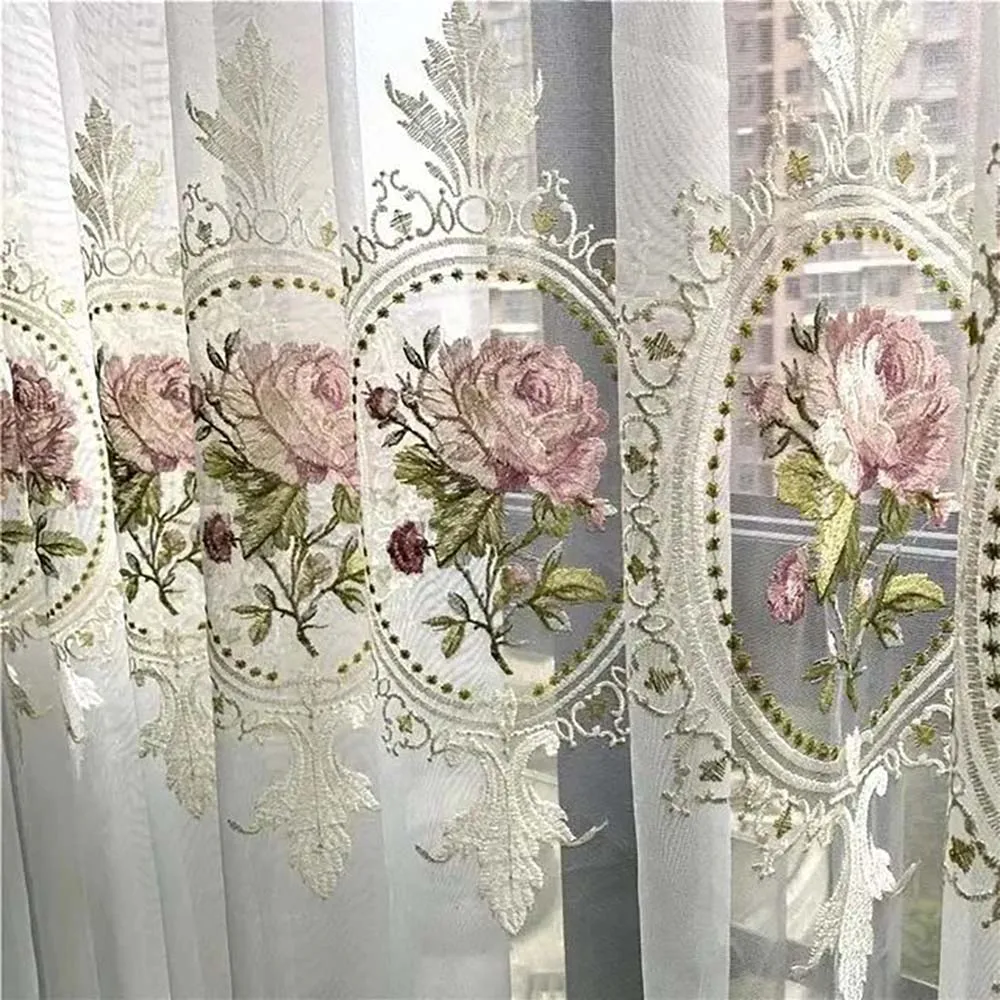 American Luxury Peony Embroidery Tulle Curtain For Living Room European Elegant Flower Embroidery Sheer Voile Drapes For Bedroom