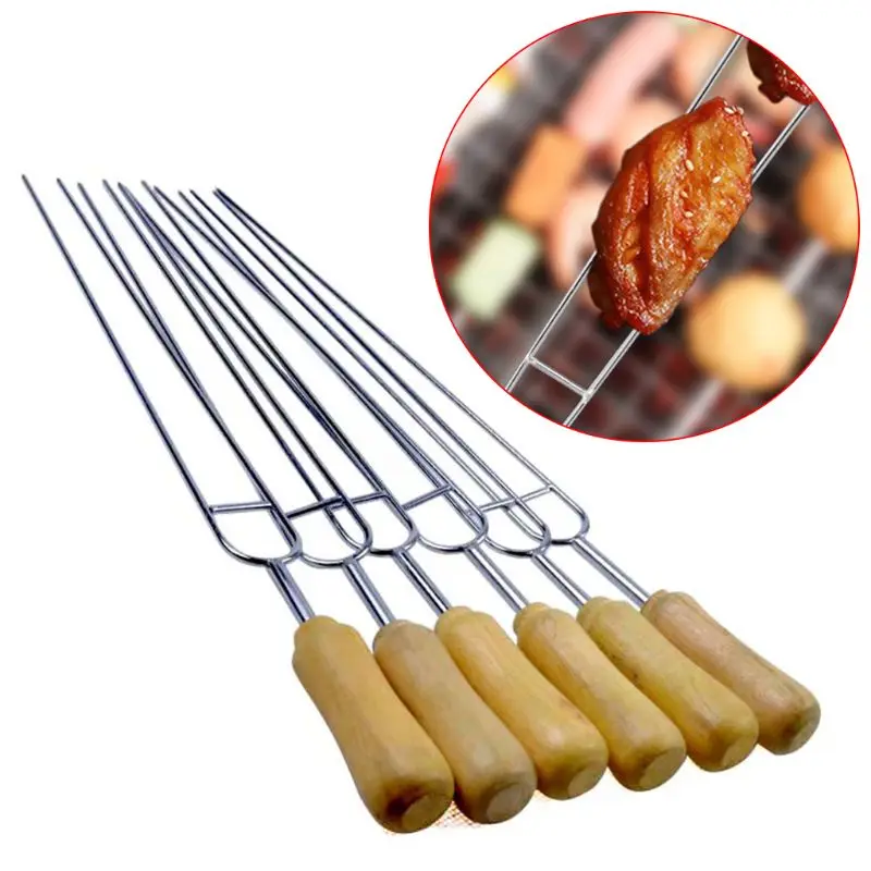 6pcs Stainless Steel U-Shaped Barbecue Brazing Fork Needle Grilling Skewers Double Prong BBQ Tools