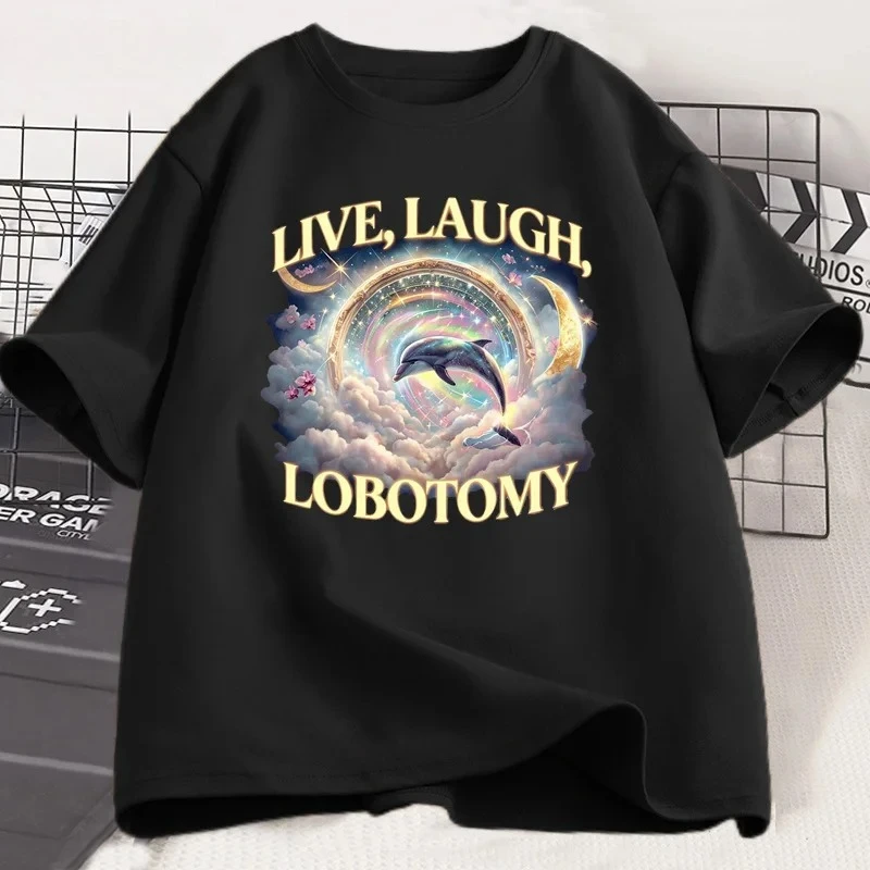 Live Laugh Lobotomy T Shirt Women Funny Dolphin Meme T-Shirt Silly Short Sleeve Weird Vintage Graphic T-Shirts Fashion Y2K Top