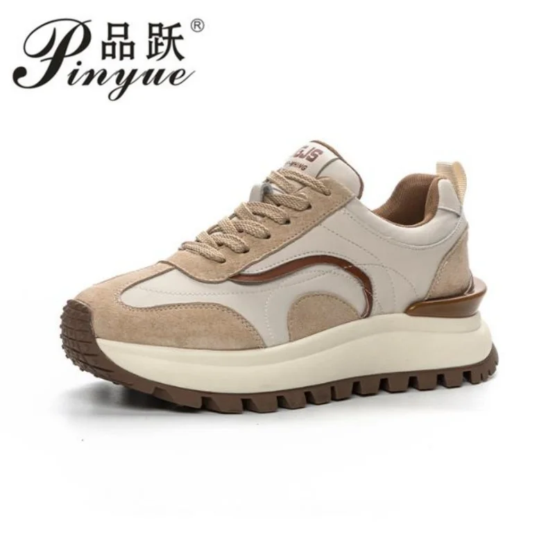 4.5cm Mixed Colors Genuine Leather Shoes Women Casual Sneakers Spring Autumn Lace-Up Thick Sole Trend Shoes Zapatillas Mujer