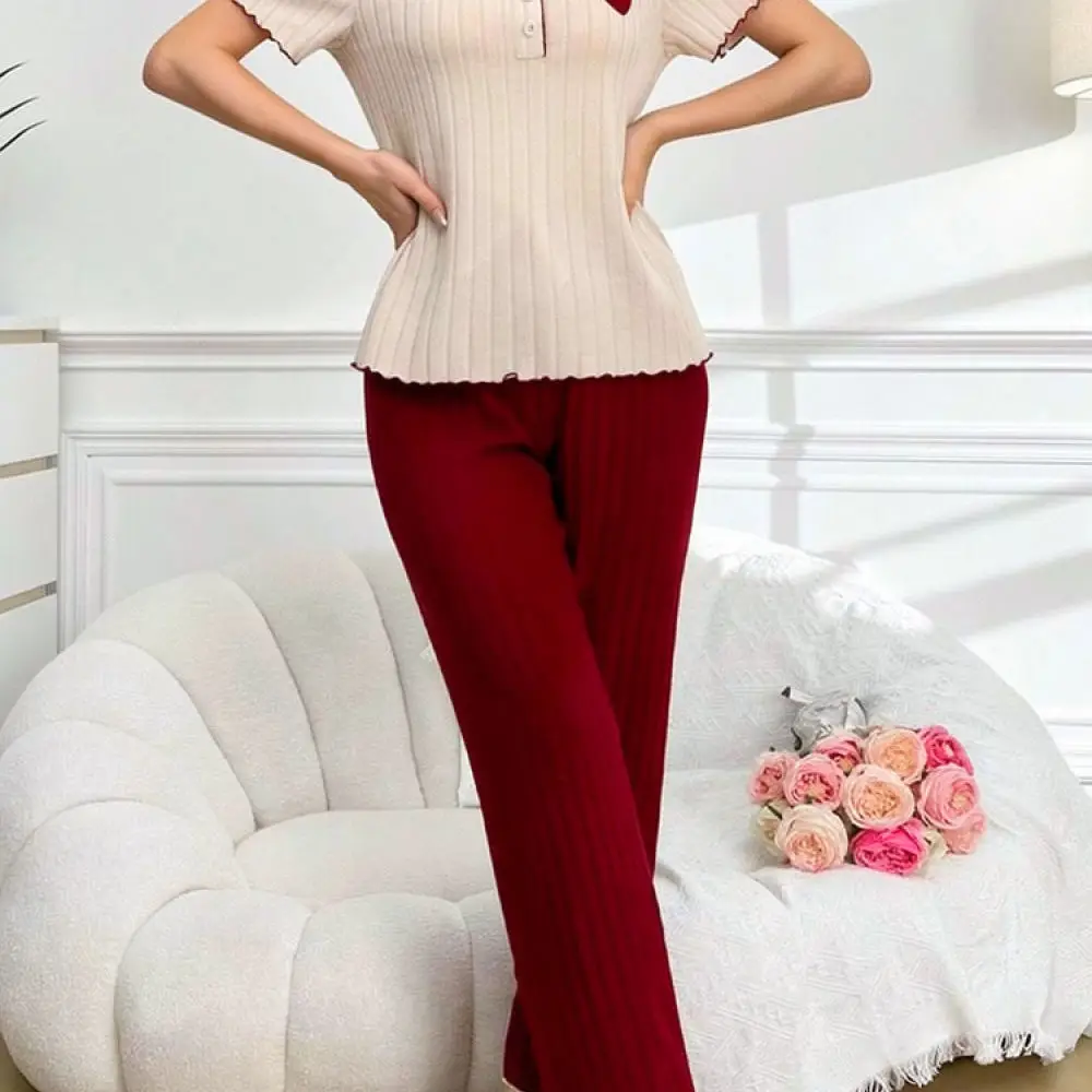 Ladies Casual Lounge Set Brushed Ribbed Heart Detail Round Neck Pullover Long Pants Comfort Sleepwear For Litya Apparel