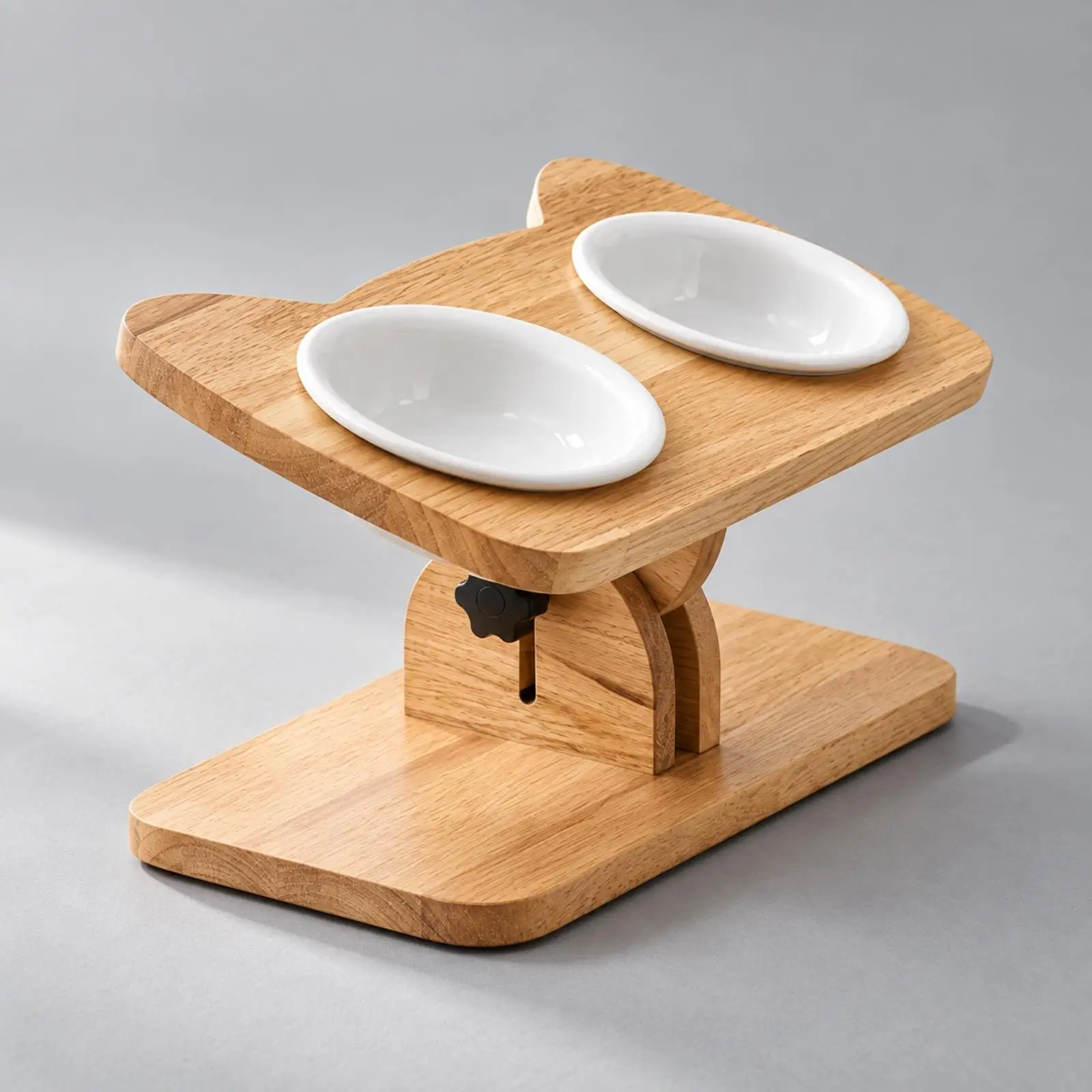 Oak Finish Adjustable Cat Bowl Riser with Tiltable Top and Two Ceramic Bowls for Reduced Strain While Eating