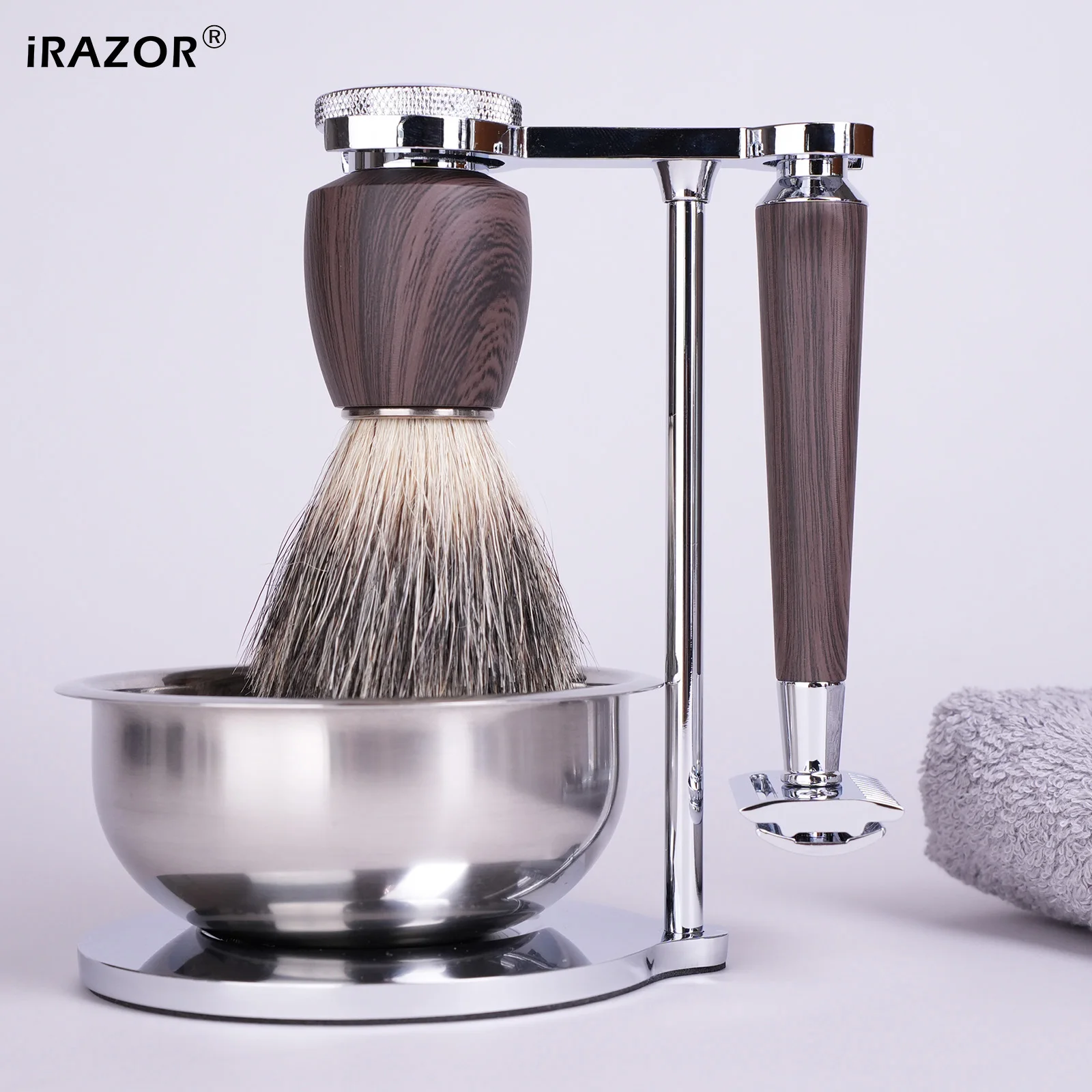 iRAZOR 4-in-1 Professional Beard Shaving Set with Shaving Brush Bowl and Doube Edge Safety Razors Men's Grooming Kit Gift