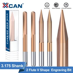 XCAN freze kesicisi 3.175mm Shank CNC oyma Bit 20,30,45,60,90 derece V şekli End Mill 2 flüt gravür Bit yönlendirici Bit