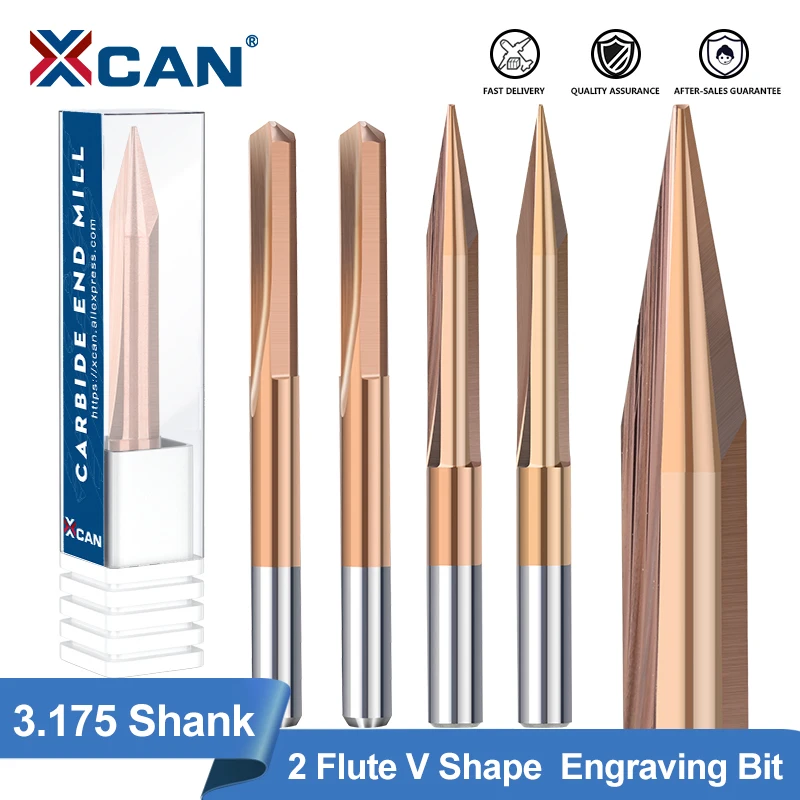 XCAN Milling Cutter 3.175mm Shank CNC Carving Bit 20,30,45,60,90 Degrees V Shape End Mill 2 Flute Engraving Bit Router Bit