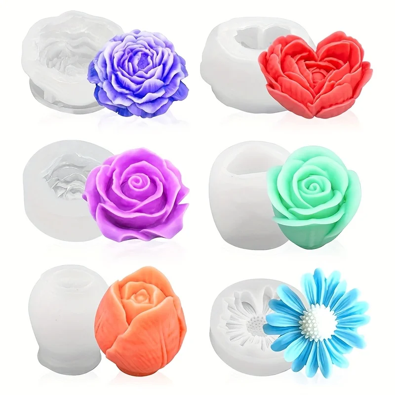 6Set of floral-shaped candle molds：Peony、Daisy、Tulips and roses,,Can be used to make scented candles，Bouquet，Birthday gifts, etc
