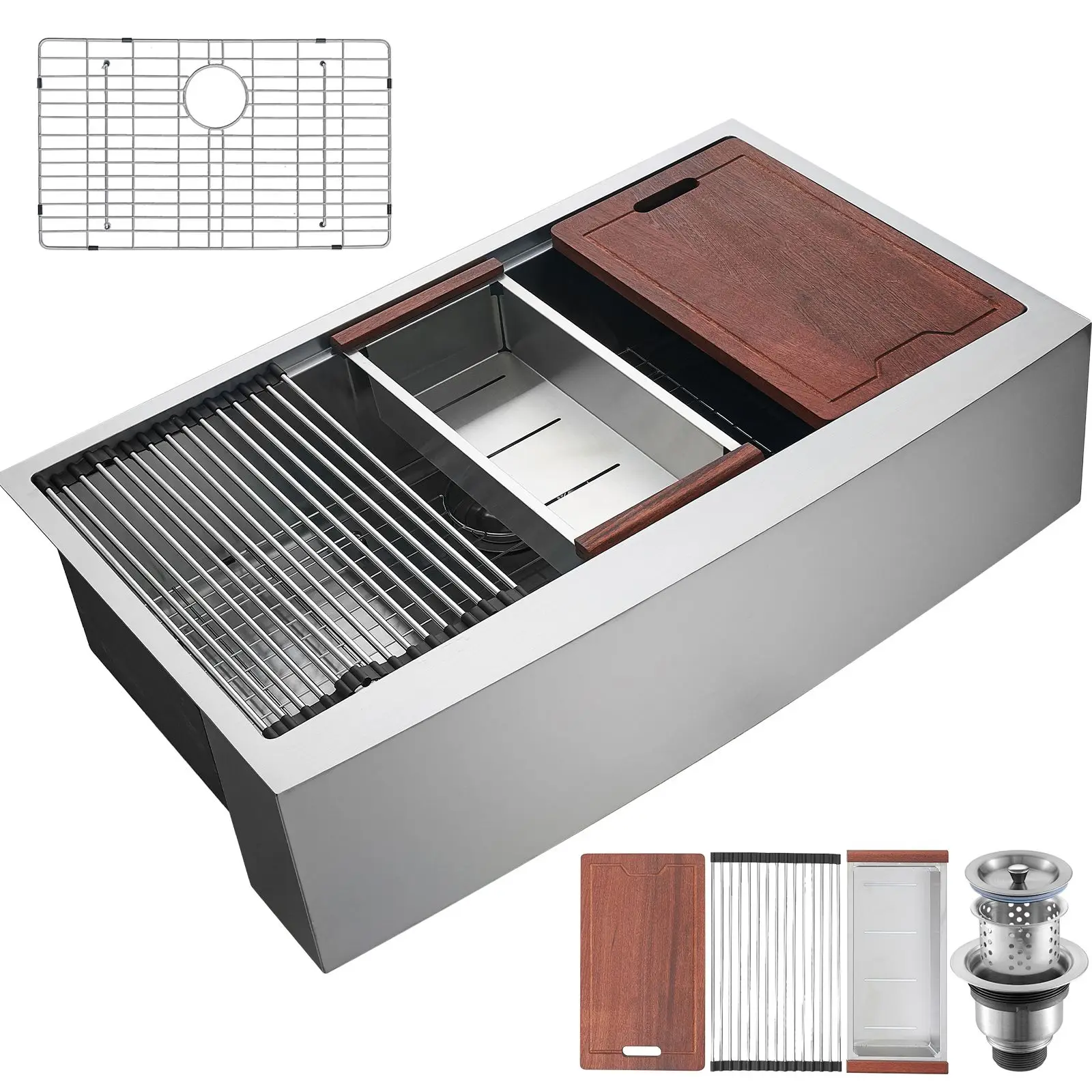 Farmhouse Kitchen Sink, 304 Stainless Steel Drop-In Sinks, Top Mount Single Bowl Basin with Ledge & Accessories, Household Dishw