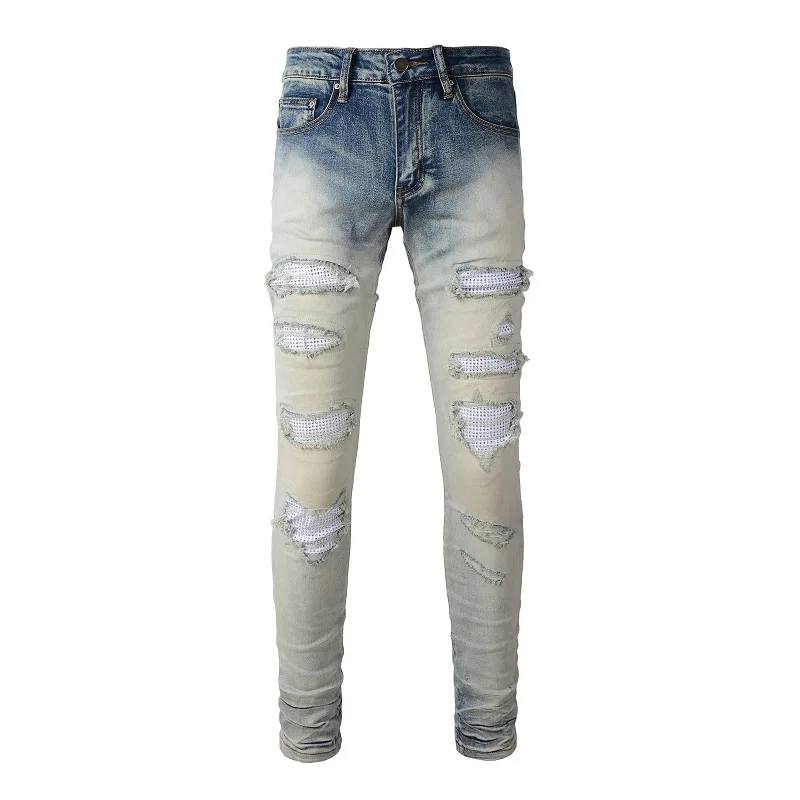 2024 Men's High Street Holes Transparent Crystals Patchwork Stretch Slim Fit Rhinestones Patches Distressed  Blue Washed  Jeans