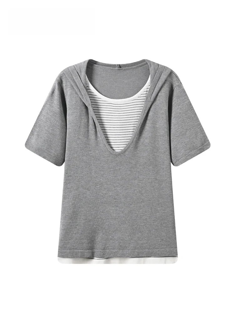 

Loose Fashionable Short Sleeve T-Shirt for plus Size Women Summer New Style Casual Knitted Polyester V-Neck Mid-Length Top