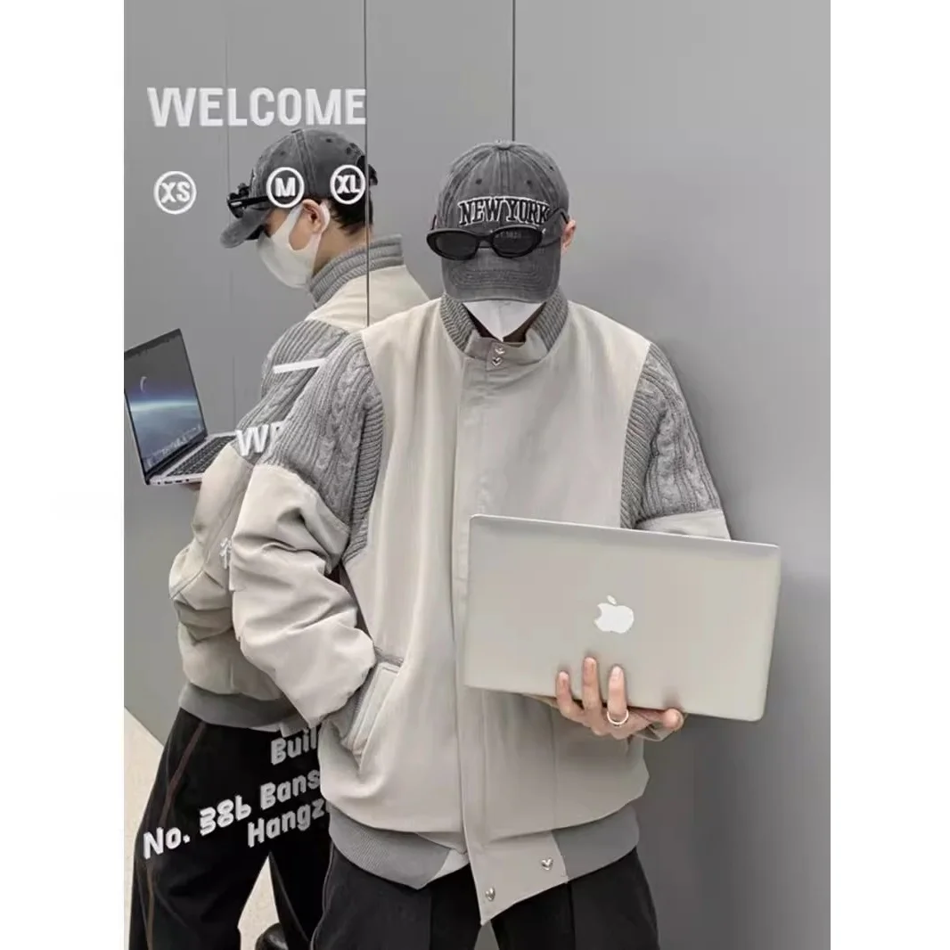 Loose Fit Pilot Jaet for Men Casual Knitted Patchwork Baseball Coat Autumn Winter Large Size American Sle Streetwear