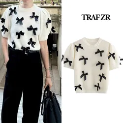 TRAF ZR Pullovers O-neck Short Sleeve Collar Knit Elegant and Beautiful Women's Vintage New in Casual Tops Shorts Pullovers