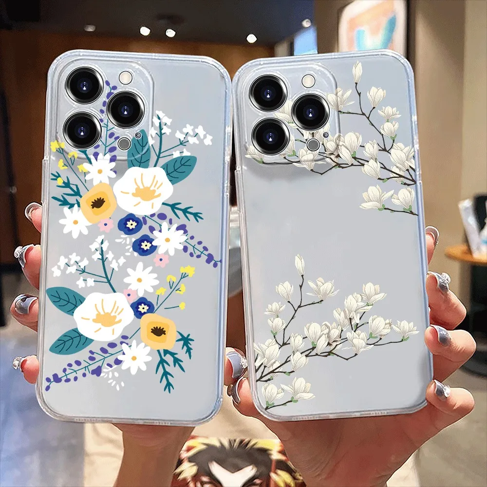 With Magnolia Flower Pattern Transparent Case For Xiaomi Redmi Note 14 13 12 11 Pro Plus 12S 11S 10S 10 Redmi 14C 13C 12C Cover