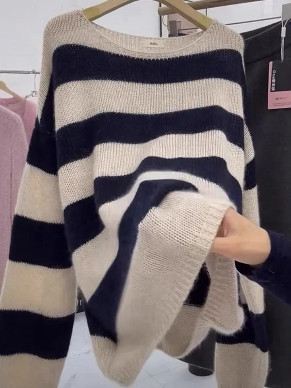 فضفاض المرأة محبوك سترة لينة مريحة Camere مخطط الأعلى الكورية Sle كسول Faion الخريف الشتاء فضفاضة سترة مريحة