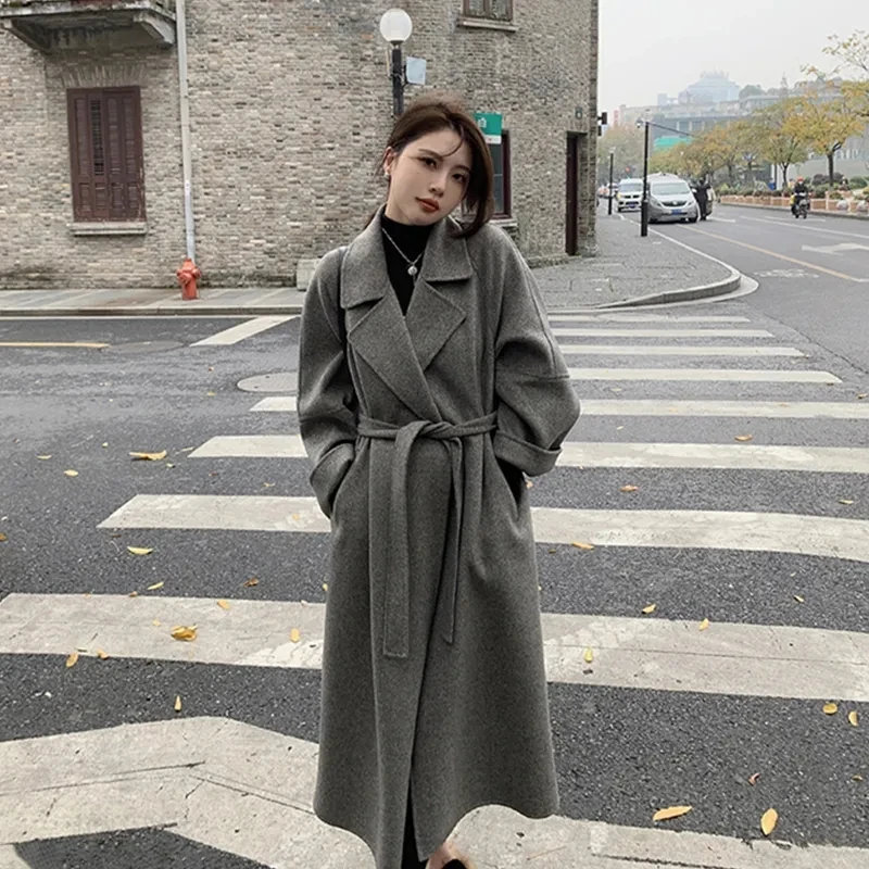 Double-Faced Wool Windbreaker Jackets Women's Overcoat Fashion Loose Belt Long Coat 2023 Autumn Winter New Woolen Jacket Outwear