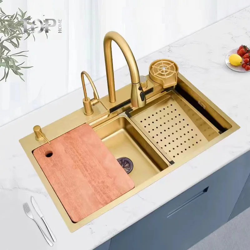 Sink,Hot Sale Anti-Scratch Single Bowl 304 Stainless Steel Handmade Waterfall Undermount Kitchen Sink Brushed Surface Modern Des