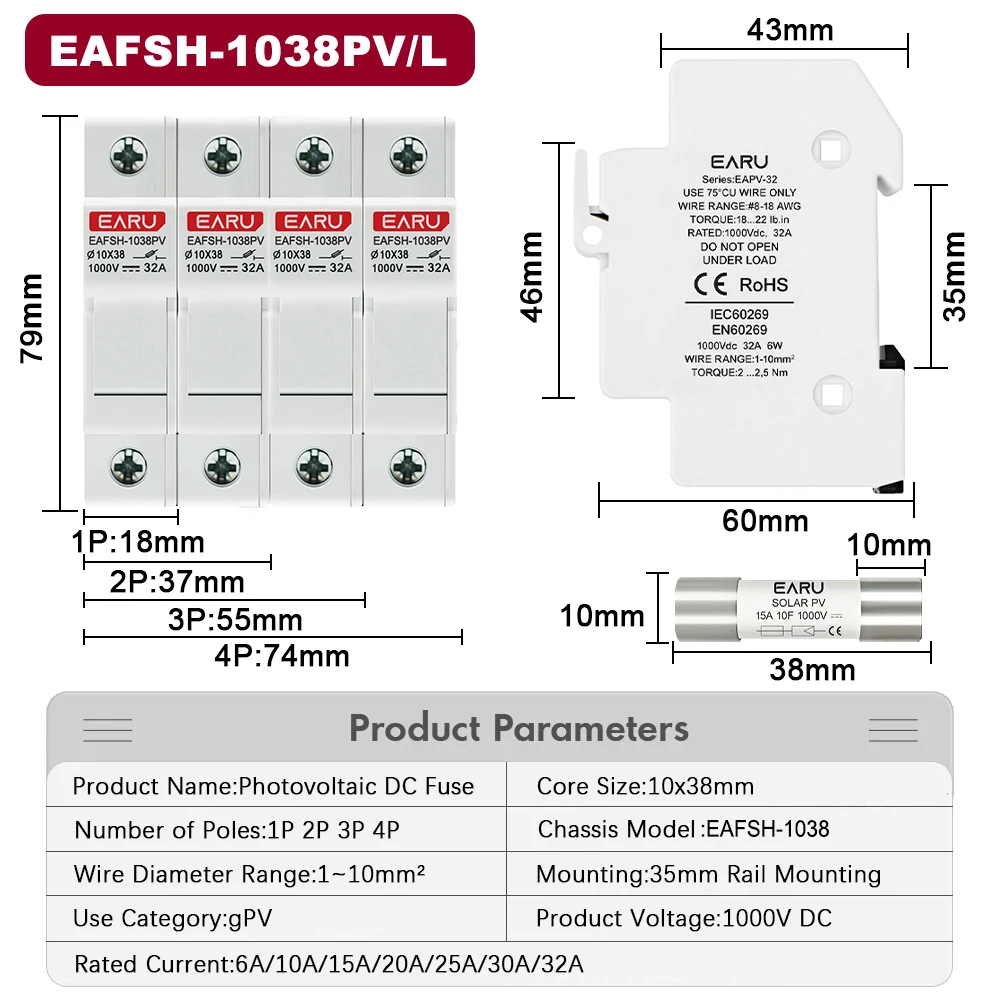 1P 2P 3P 4P Solar DC Fuse Holder High Voltage Solar PV DC 1000V Photovoltaic 6A-32A Photovoltaic System Protection Protector gpV