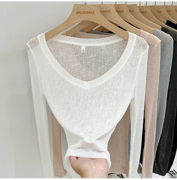 2026 Sommer Neuer Lässiger Stil Transparentes Dünnes Durchsichtiges Überzug-Top Damen T-Shirt V-Ausschnitt Sonnenschutz Langarm T-Shirt – Detail 6