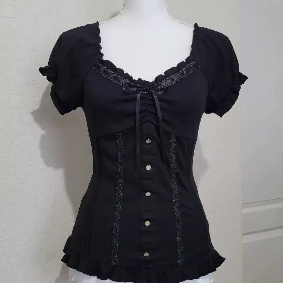 

Японская рубашка Y2k в стиле панк 2000-х годов, винтажная летняя женская футболка с милым бантом в стиле Харадзюку, эстетические футболки для горячих девушек, одежда с пышными рукавами, гот