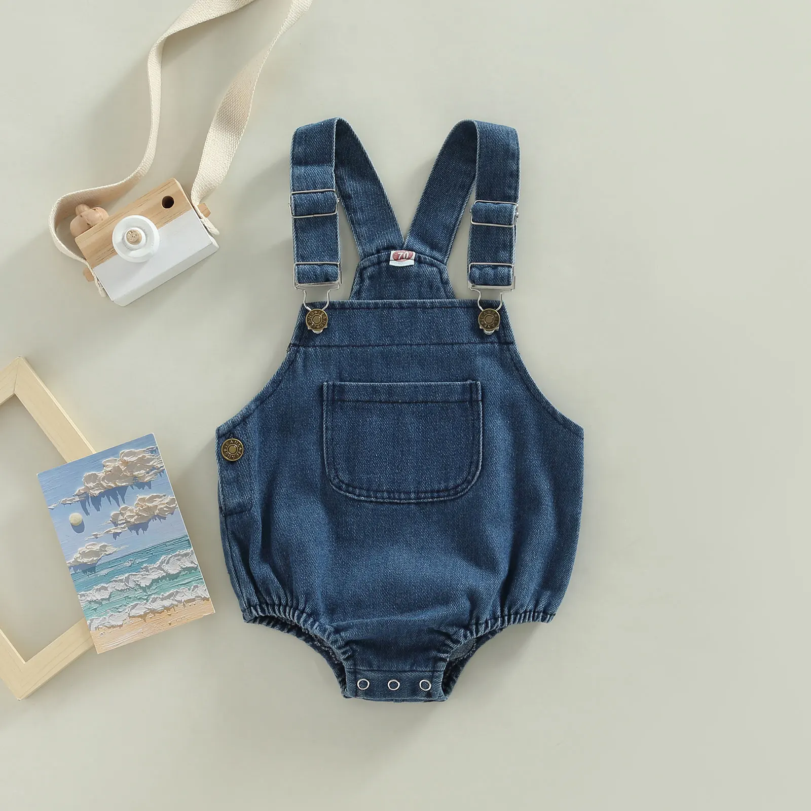 Fashion Baby Denim Romper Sleeveless Solid Button Closure Bodysuit with Pocket for Girls Boys