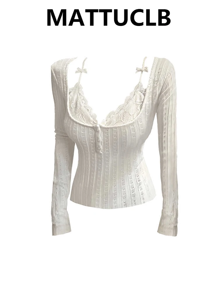 

Весенние женские пуловеры Y2k Ballet Core, приятный свитер, корейская мода, кружевной трикотаж с длинными рукавами, джемпер 2000-х годов, кокетка Gyaru