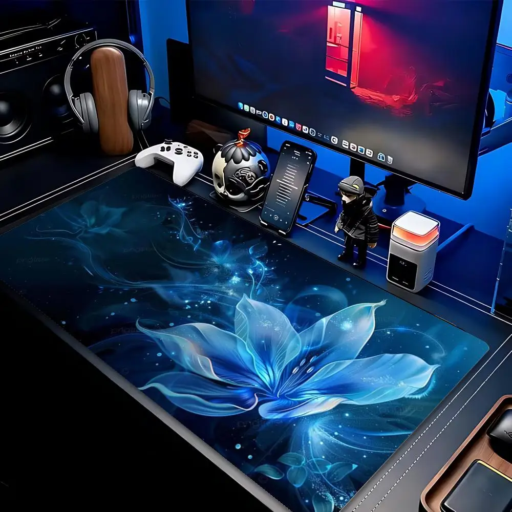 XXL Gaming Mouse Pad Blue Luminous Sparkle Flower Deskmat Non-Slip Rubber Fantasy Floral Laptop Keyboard Mat Gamer Mousepad