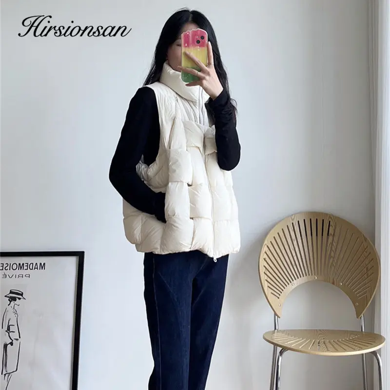 Hirsionsan Winter Gentle Solid Thick Warm Down Vest Women Loose Casual Minimalist All-match Coats Female Vintage Streetwear Tops