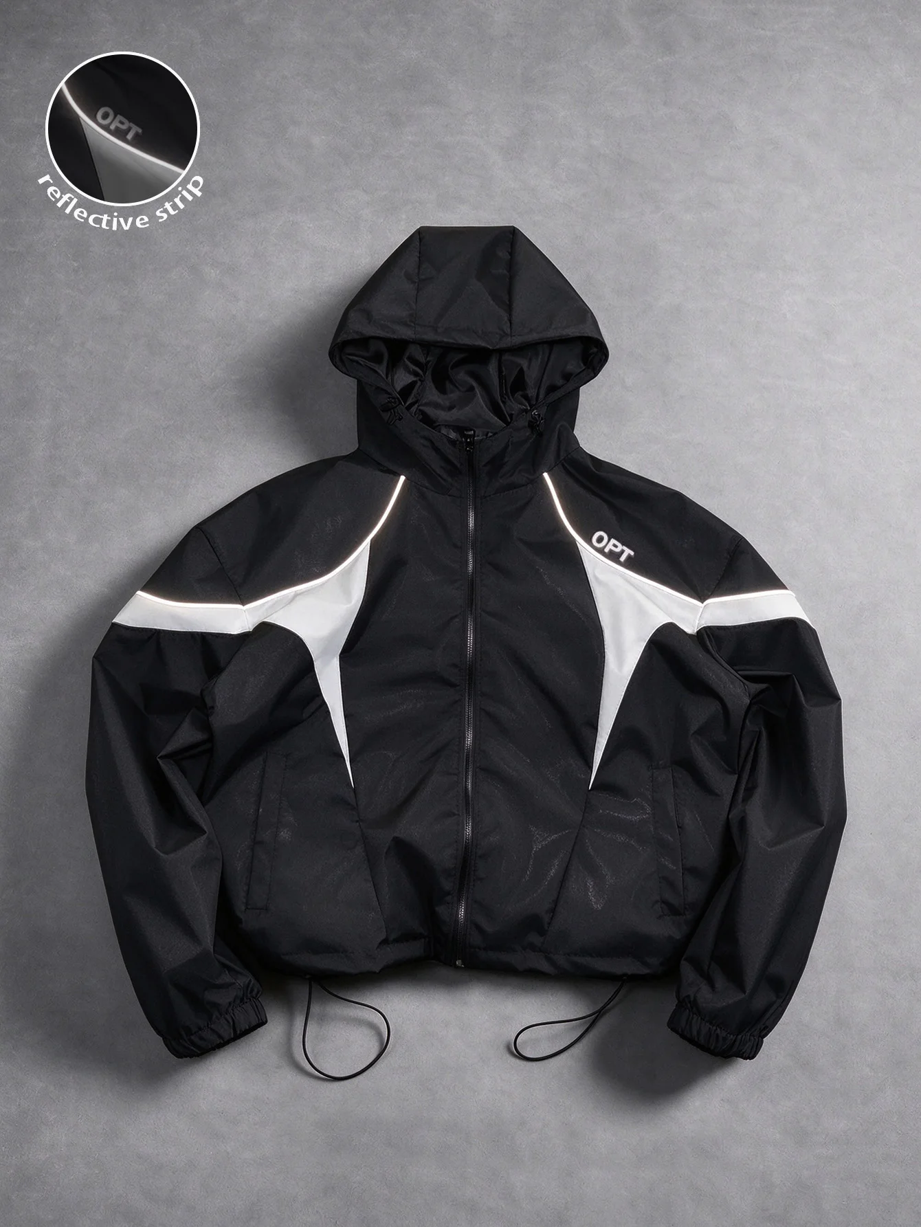 Men's Color Block Hooded Jacket with Reflective Stripes, Full Zipper Placket, Adjustable Hem Drawstring, Elastic Cuffs, Loose Drop Shoulder Cut, Street Style Outdoor Casual Long Sleeve Top