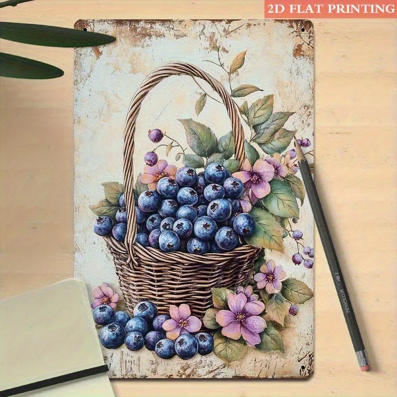 2D Flat, 2D Flat Vintage Blueberry Basket Metal Wall Decor - 20x30cm/8x12 Inches, Faux Wrought Iron Decoration, Indoor/Outdoor H