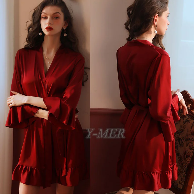 Kimono de manga acampanada para mujer, bata de boda de seda de rayón, vestido de casa elegante, ropa de dormir con volantes, camisón acogedor,