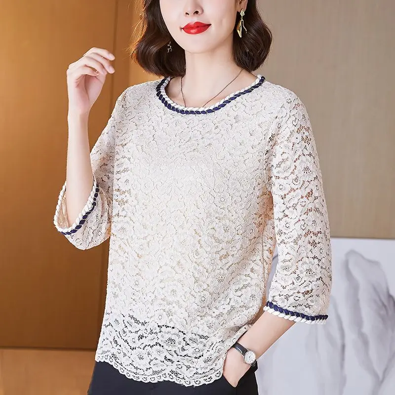 2023 Summer Lady New Round Neck Solid Color Hollow Elbow Sleeve Tops Women Casual Comfortable Refreshing All-match Lace T-shirt