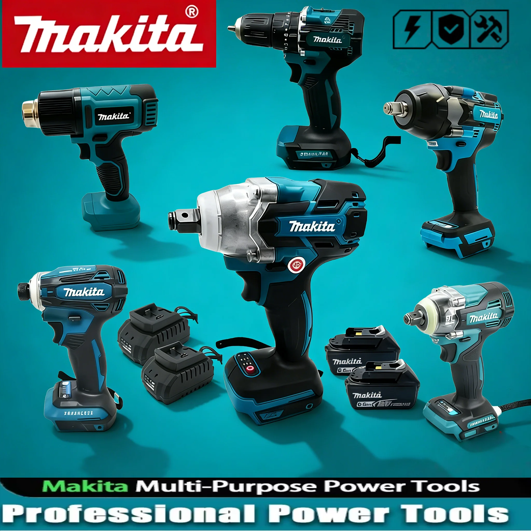 

Набор аккумуляторных бесщеточных инструментов Makita 18В: термофен, ударный гайковерт, гайковерт с пневмоподачой, гайковерт с пневмоподачей и функцией подачи пилометра, гайковерт с пневмоподачей и функцией подачи пилометра, гайковерт с пневмоподачей и фун