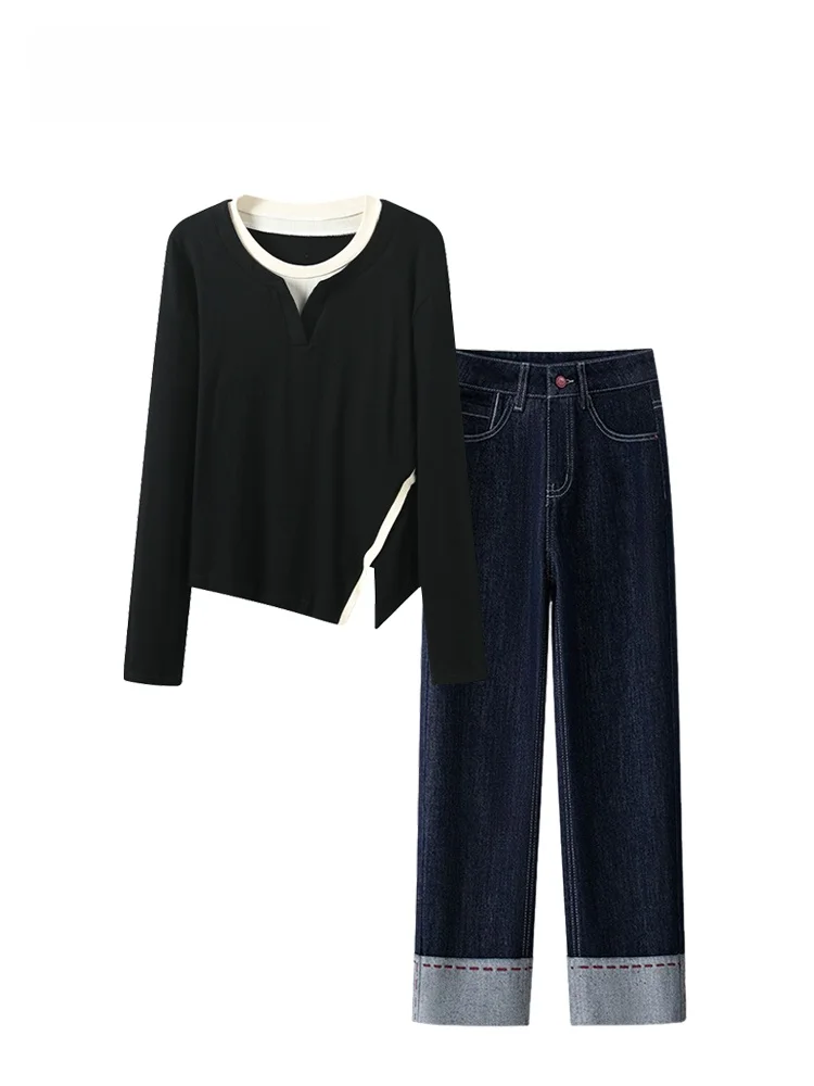 

Комплект Cara CLUB Plus Size: модный женский весенний комплект с длинным рукавом, футболка и джинсы больших размеров для сестер