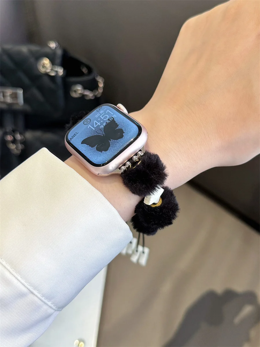 S10 42/46mm Fluffy Ball Strap for Apple Watch Band 41/45 Adjustable Star Rope for iWatch49Ultra 5 5 7 8 9 38/42 40/44 Women Loop