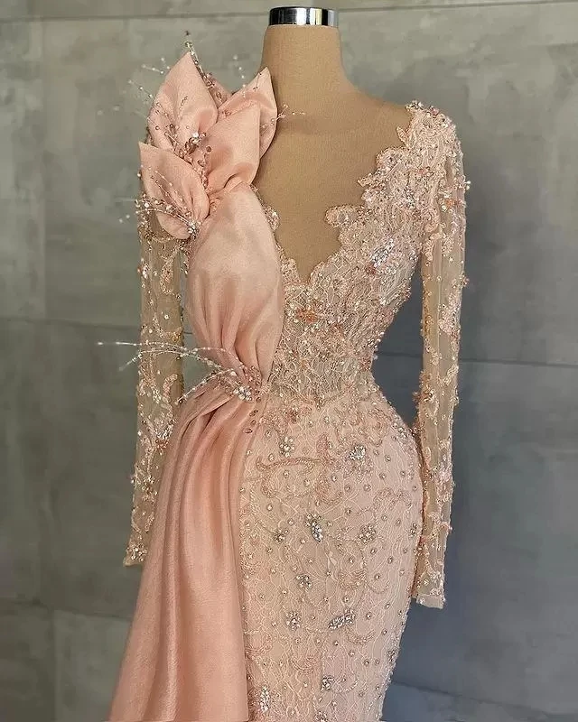 Customized Pink Evening Dresses Mermaid Long Sleeves Lace Beaded Long Turkey Dubai Saudi Arabic Long Evening Gown Prom Dress