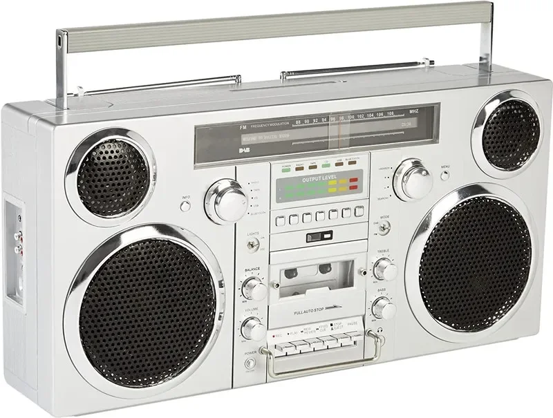 Wireless Bluetooth Speaker - Silver 1980S-Style Portable Boombox - CD Player, Cassette Player, FM Radio, USB,
