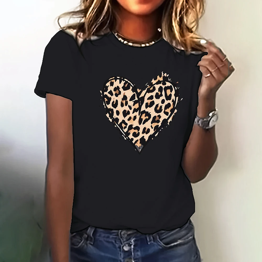 

Leopard Graphic Print T shirt Love Heart Pattern Women's T-shirts Fashion Short Sleeves Tees Loose Female Clothing Streetwear