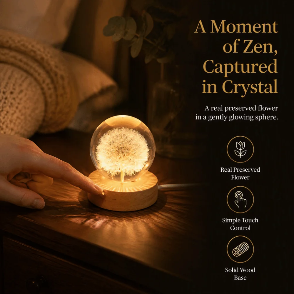 6cm Crystal Ball Night Light USB Powered Solid Wood Base LED Crystal Sphere Dry Flower Preserved Flower Crystal Ball Bedroom Use
