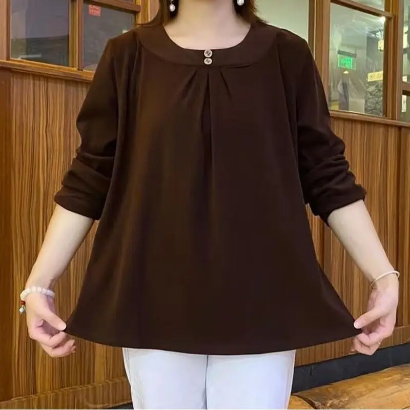 

Однотонная базовая рубашка с добавлением толстой и большой матери, весенне-осенняя свободная повседневная футболка с длинными рукавами