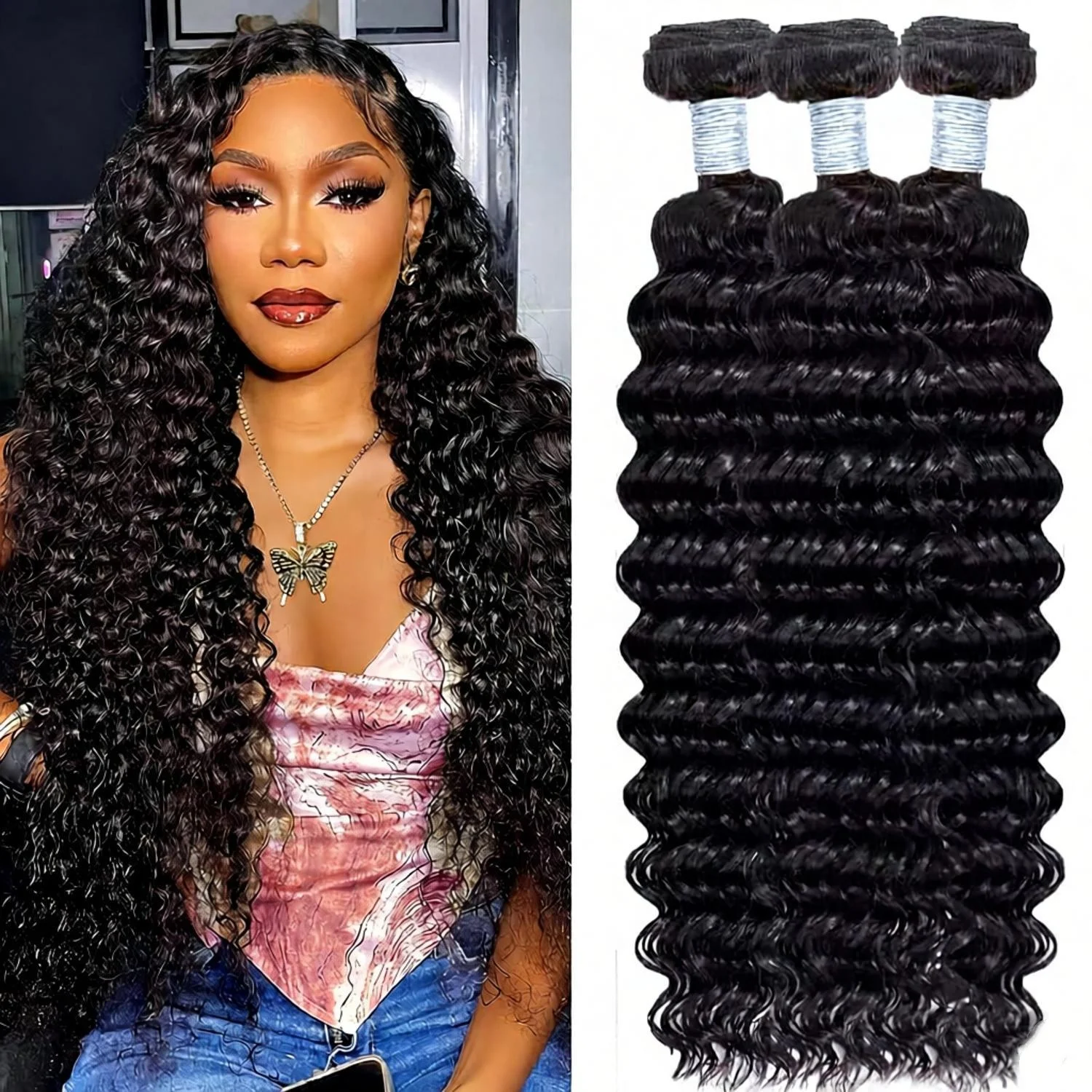 

Натуральные волосы 100% человеческие, пряди для наращивания, глубокая волна, кинки кёрлы, 1/3/4 пряди, 95 грамм