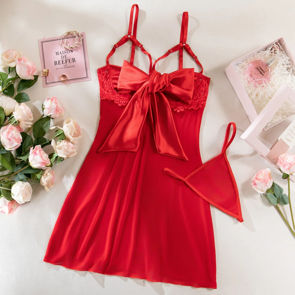 

Women Temptation Underwear Knot Front Floral Lace Nightgown Sexy Night Dress Hollow Out Bride Nighty Babydoll Valentine Day Gift