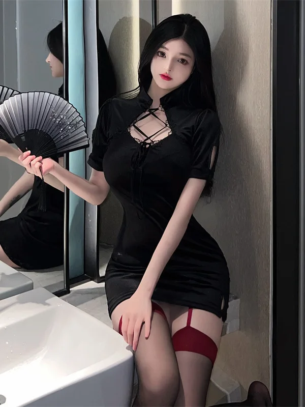 Lingerie velata in rete di pizzo trasparente Cheongsam tentazione uniforme mini abito attillato diviso elegante dolce donna top FGH2