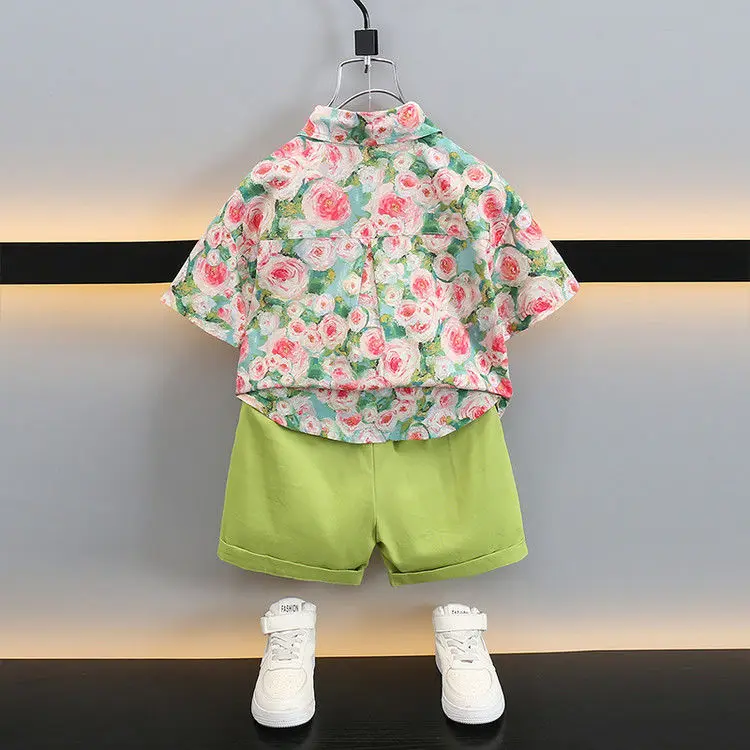 2015 الصبي الملابس مجموعة تي شيرت + السراويل الاطفال الصبي الصيف الأزهار الملابس مجموعة لطيف الكرتون بيبي بوي الزي مجموعة طفل تي شيرت السراويل