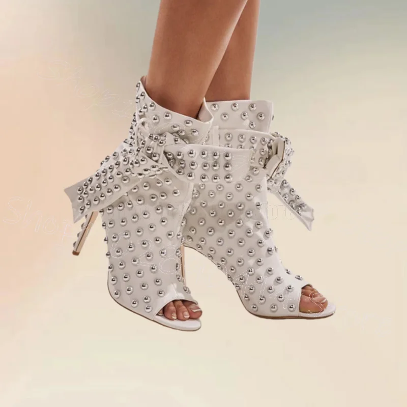 

Silver Round Rivets White Belt Knot Sandals Boots Lace Up Women Shoes Thin High Heels New Party Banquet 2026 Zapatos Para Mujere