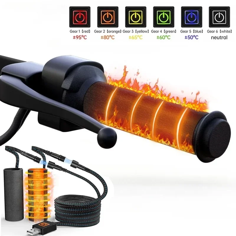 5V USB Motorcycle Heated Grips with Magic Tape 6 Gears Adjustable Temperature Memory Function Electric Scooter Heated Handlebar