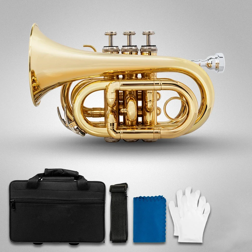 LOOK Mini Pocket Trumpet Flat B Bb Brass Wind Instrument Travel Trumpet with Quality Lacquer Finish Exclusive Mouthpiece Set