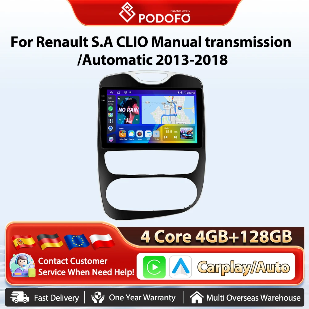 Autoradio Podofo da 10,1 pollici con Carplay wireless e Android Auto per Renault S.A CLIO, cambio manuale/automatico, 2013-2018, GPS, BT, FM/RDS, 2din, sistemi intelligenti per auto, unità principale