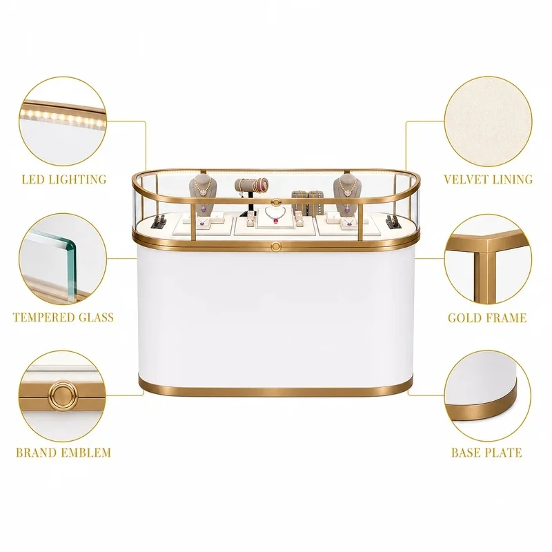 custom.Jewelry Display Cabinet Curved Minimalist Gold Customizable Color Metal Glass Showcase Luxury Mall Retail Store Whole