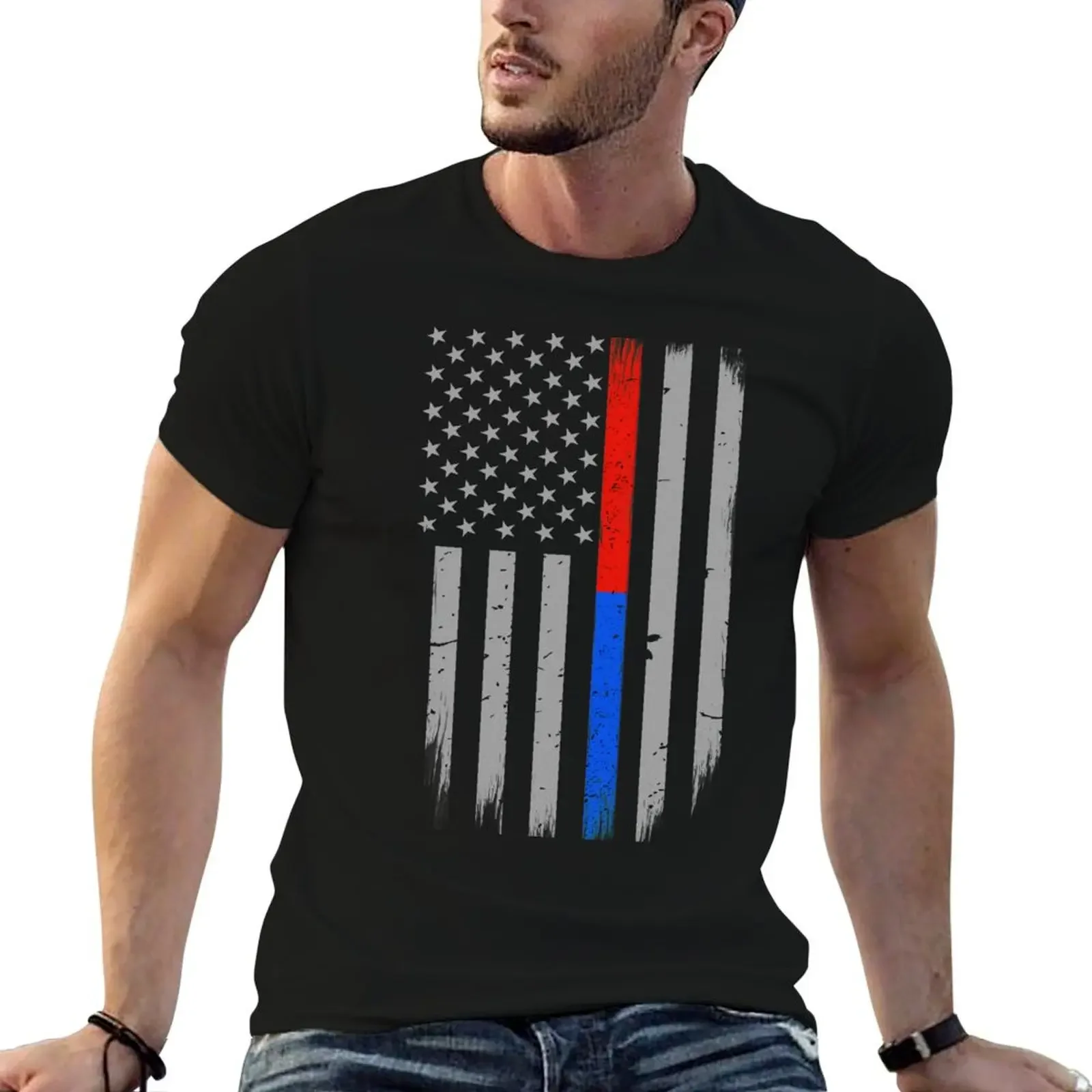 Thin Red Blue Line American Flag T-Shirt oversized blue archive T-shirts for men cotton